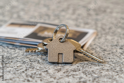 Home shaped keychain resting on set of keys and papers photo