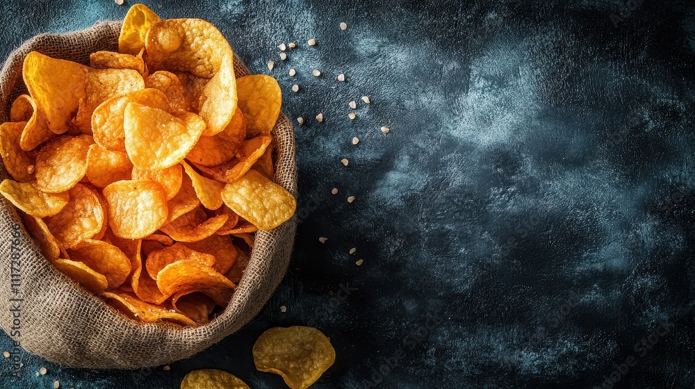 Crispy tortilla chips in burlap sack. Perfect for food blogs, snack ads, or packaging. Crispy tortilla chips in burlap sack. Perfect for food blogs, snack ads, or packaging.
