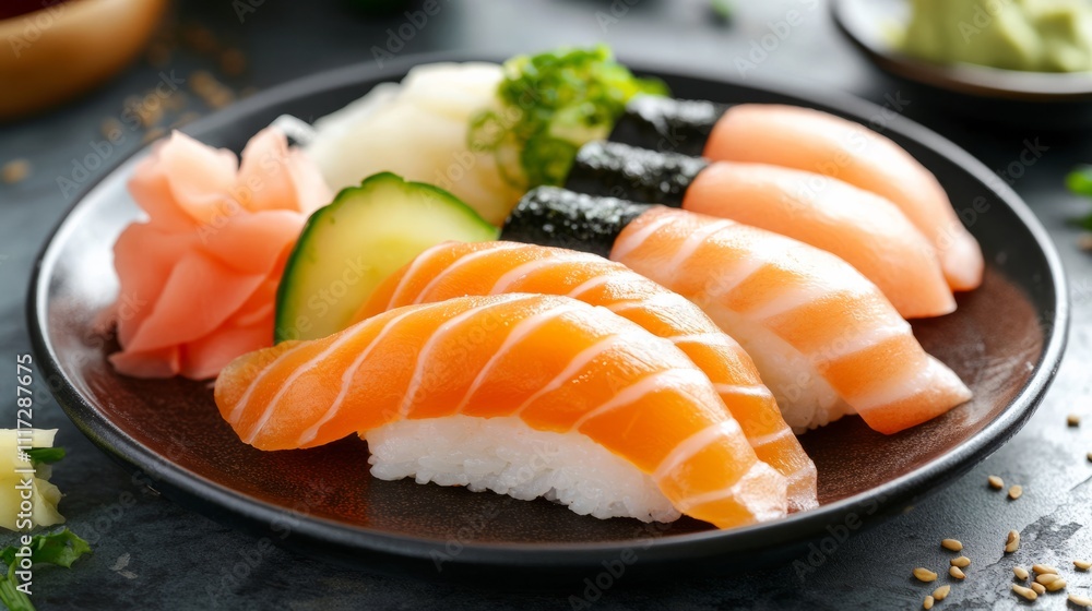 A plate of beautifully arranged sushi nigiri
A plate of beautifully arranged sushi nigiri