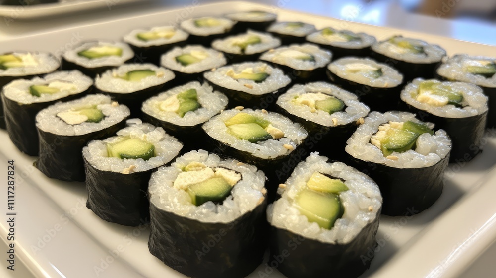 A neatly arranged plate of fresh sushi rolls
A neatly arranged plate of fresh sushi rolls