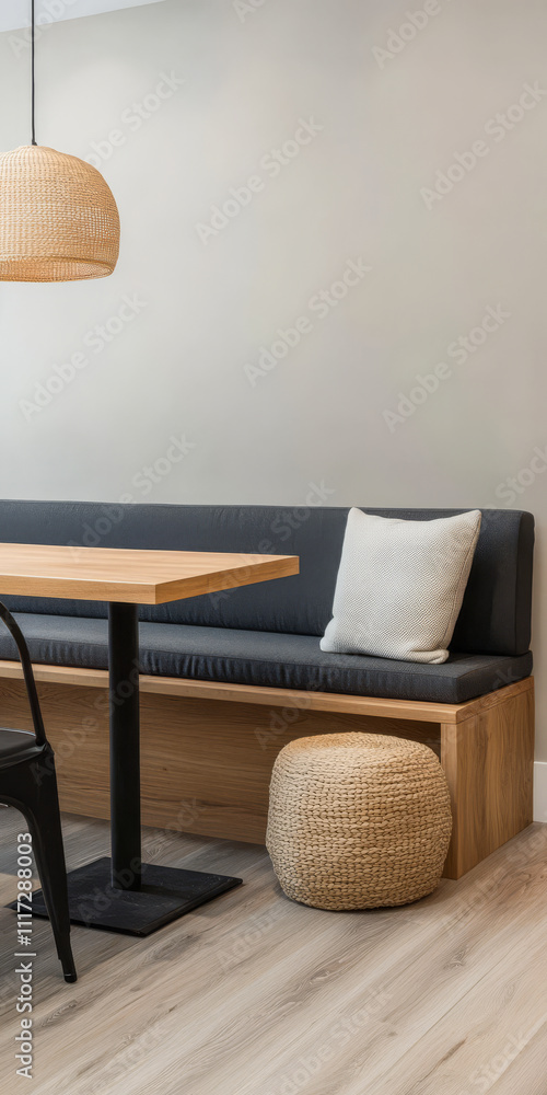 Modern dining area showcasing minimalist design with wooden elements and comfortable seating Modern dining area showcasing minimalist design with wooden elements and comfortable seating