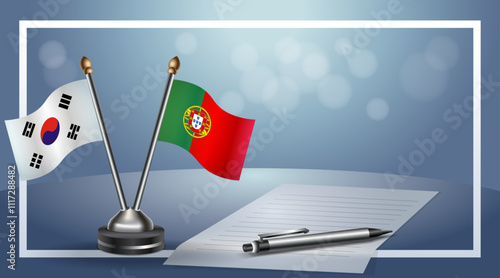 South Korea and Portugal Small national flag on bokeh background, cooperative relationship
