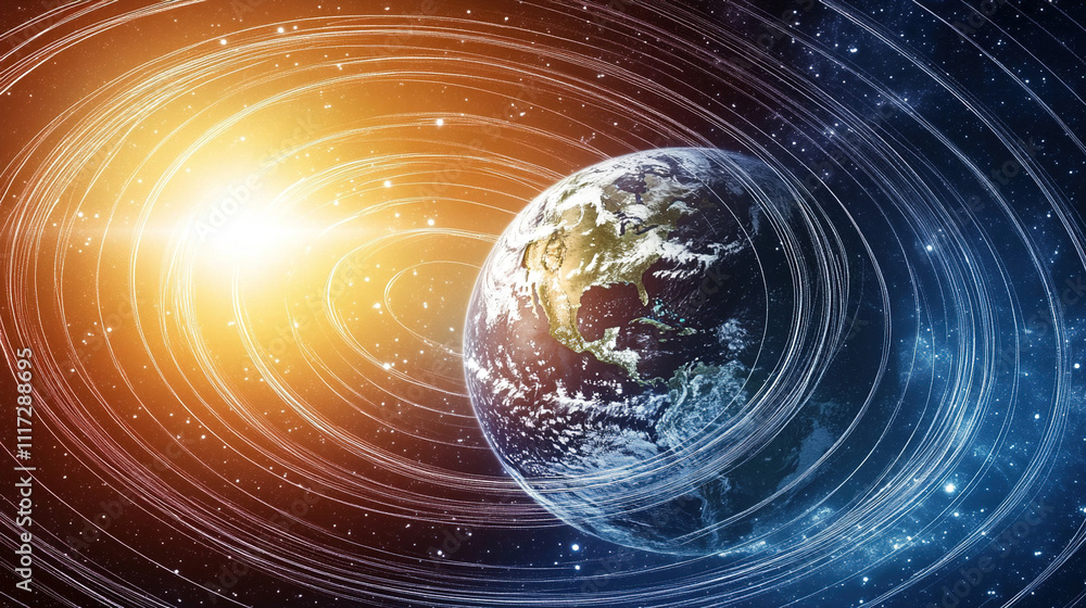 Obraz premium Earth axis diagram illustration showing the tilt of the Earth's rotational axis relative to its orbital plane, explaining the cause of seasonal changes and the distribution of sunlight.