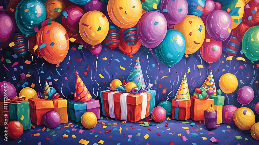 Fototapeta premium Celebrating joyful birthdays indoors with balloons and colorful gifts