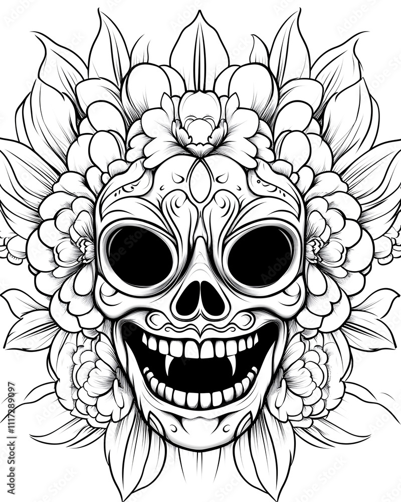 Fototapeta premium A skull with flowers and leaves surrounding it. The skull has a smile on its face. The flowers and leaves are colorful and vibrant. Scene is cheerful and lighthearted