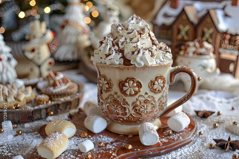 hot cocoa mug filled with hot chocolate, decorated with whipped cream and marshmallows , decor and beverage preparation hot cocoa mug filled with hot chocolate, decorated with whipped cream and marshmallows , decor and beverage preparation