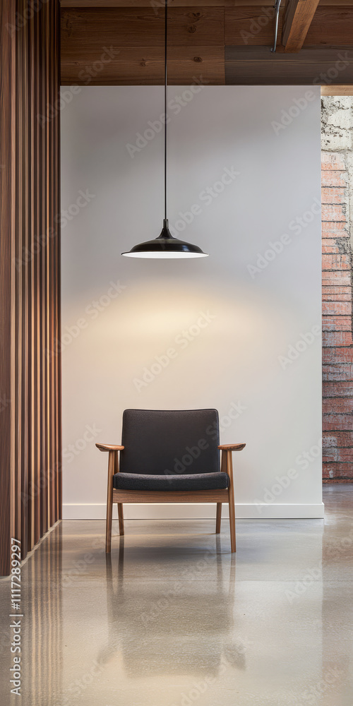 Fototapeta premium Modern seating area with pendant light and wooden accents in a serene interior space