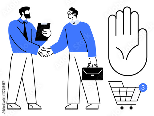 Businessmen shaking hands, one holding clipboard, other briefcase, accompanied by a large hand gesture and shopping cart with notification. Ideal for cooperation, partnership, agreement, trust