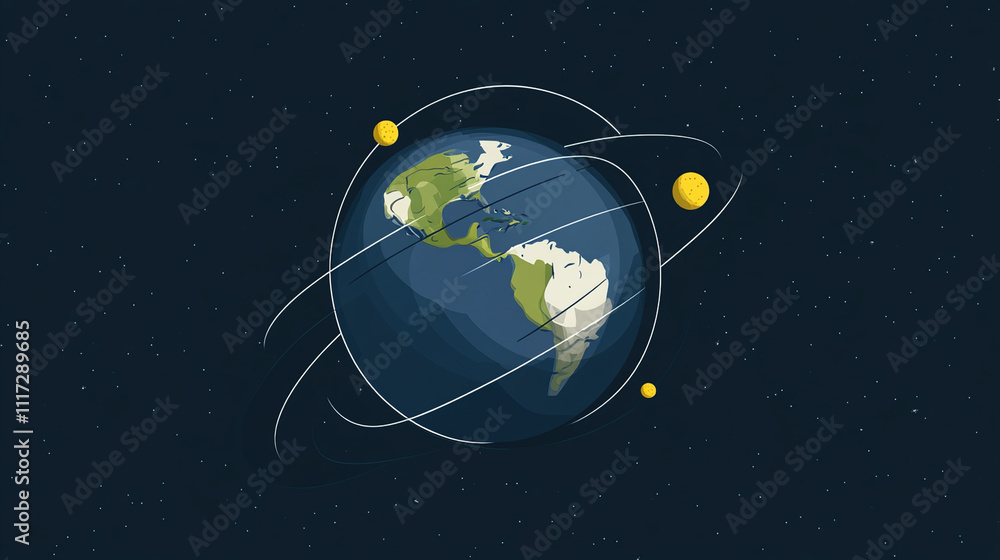 Naklejka premium Earth axis diagram illustration showing the tilt of the Earth's rotational axis relative to its orbital plane, explaining the cause of seasonal changes and the distribution of sunlight.