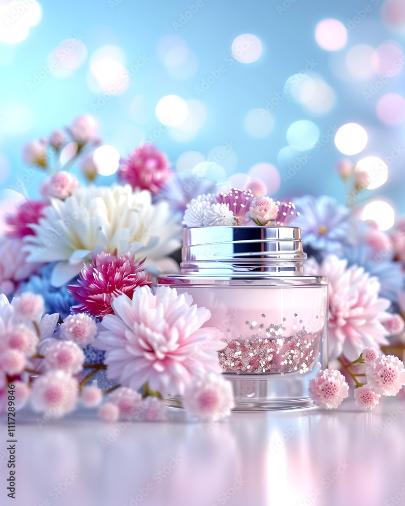 A bottle of perfume is surrounded by flowers, creating a romantic and feminine atmosphere. The flowers are pink and white, and they are scattered around the bottle, giving it a natural A bottle of perfume is surrounded by flowers, creating a romantic and feminine atmosphere. The flowers are pink and white, and they are scattered around the bottle, giving it a natural