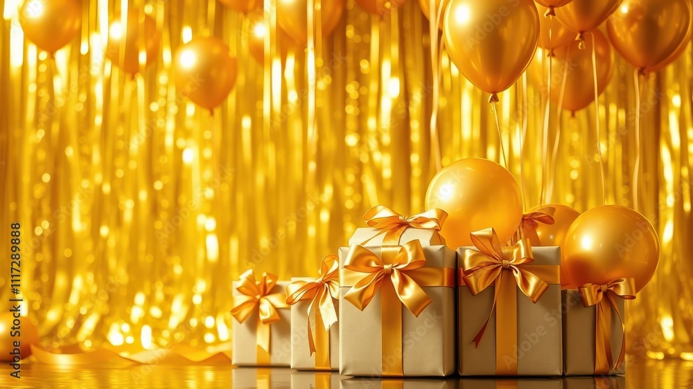 Elegant Gold Gift Boxes With Festive Balloons Against a Shimmering Golden Background Elegant Gold Gift Boxes With Festive Balloons Against a Shimmering Golden Background