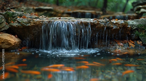 Serene waterfall cascading into a pond with vibrant orange koi fish.