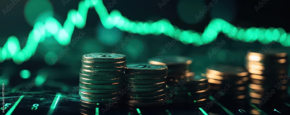Tall stacks of coins with a glowing green chart showing positive growth Subtle depth of field, bright light from above Midangle with a sharp focus on detail Tall stacks of coins with a glowing green chart showing positive growth Subtle depth of field, bright light from above Midangle with a sharp focus on detail