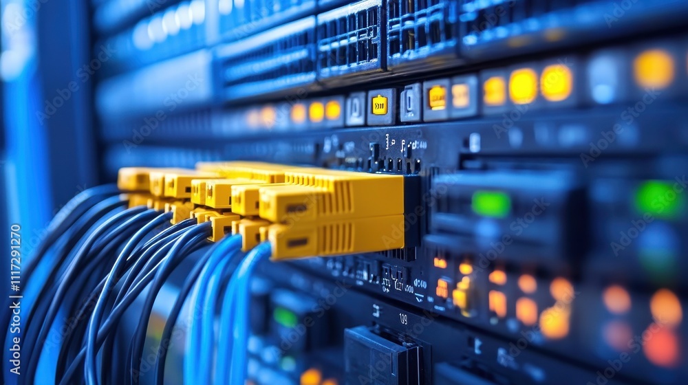 Close-up of fiber optic cables connected to server rack. Illustrates high-speed internet infrastructure and data transfer. Close-up of fiber optic cables connected to server rack. Illustrates high-speed internet infrastructure and data transfer.