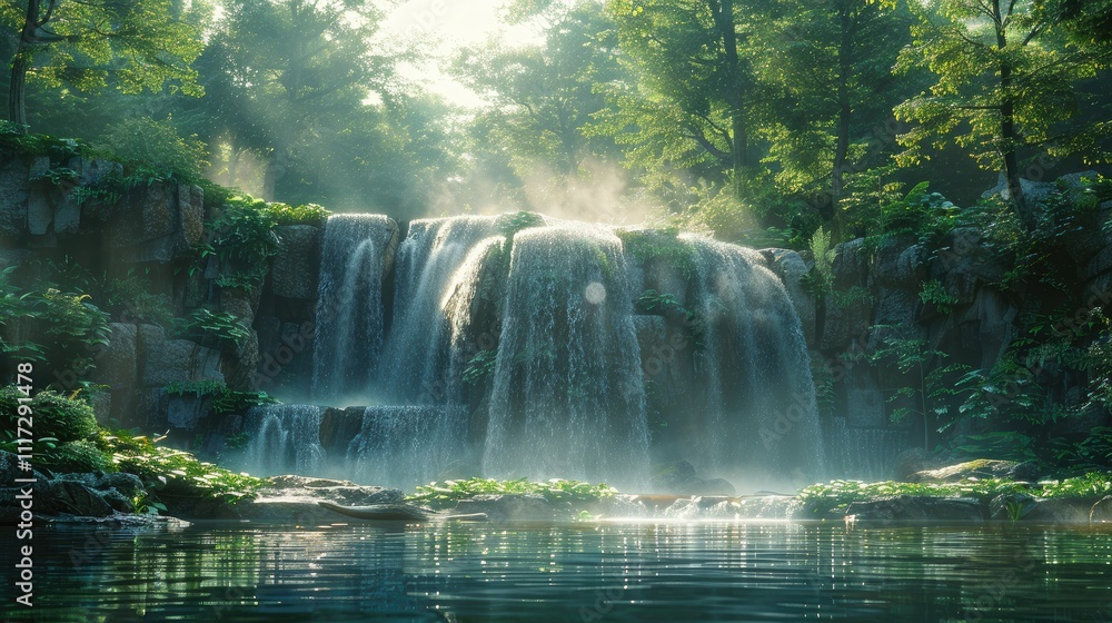 Serene waterfall cascading into a tranquil pond, surrounded by lush greenery and sunlight. Serene waterfall cascading into a tranquil pond, surrounded by lush greenery and sunlight.