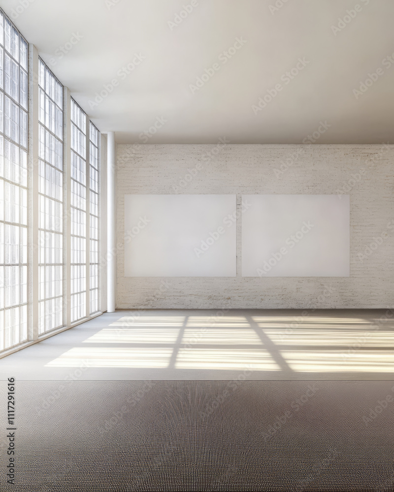 Fototapeta premium Sunlit minimalist interior with large windows and soft shadows in a spacious environment