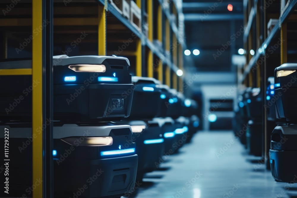 Obraz premium Smart warehouse robots collaborate in high tech logistics for efficient automated systems