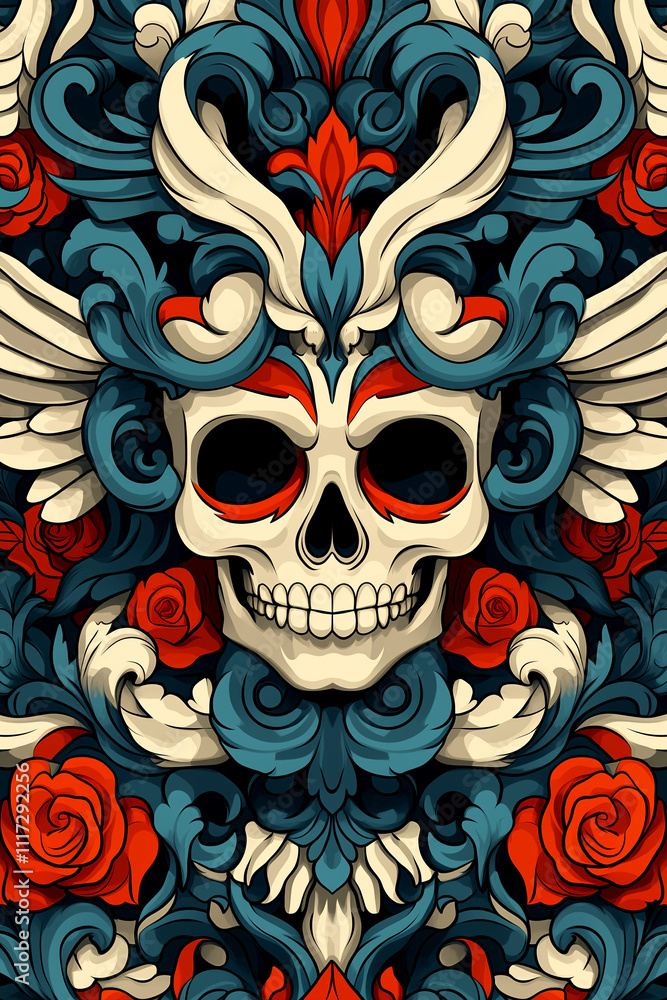A skull with a rose and a flower on it. The skull is surrounded by a blue and white design A skull with a rose and a flower on it. The skull is surrounded by a blue and white design