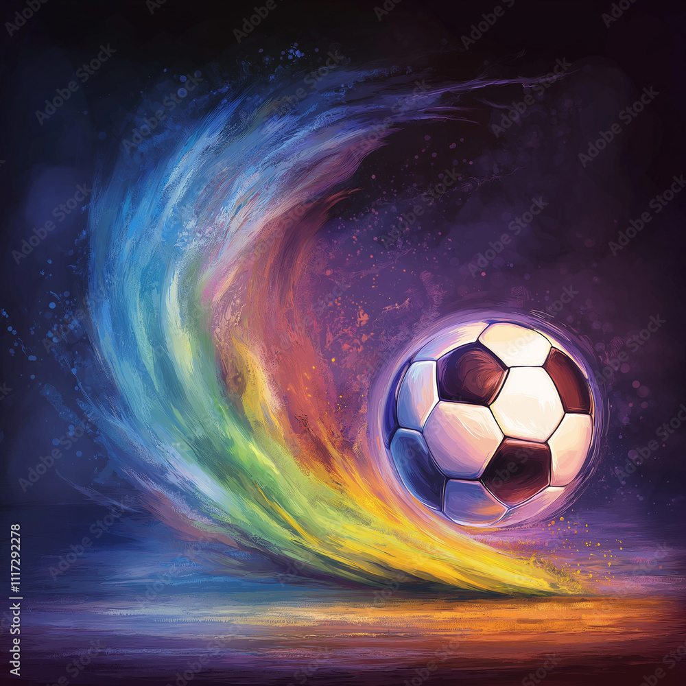 Naklejka premium Vibrant artistic depiction of a soccer ball with colorful motion