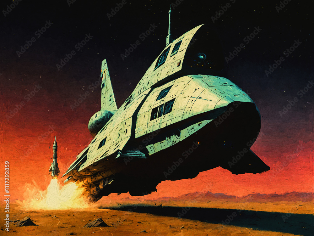 Raumschiff startet in den Weltraum bei Sonnenuntergang