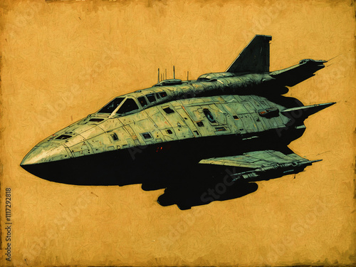 Obraz na płótnie Ein futuristisches Raumschiff schwebt vor einem goldbraunen Hintergrund und zieht die Blicke auf sich w salonie