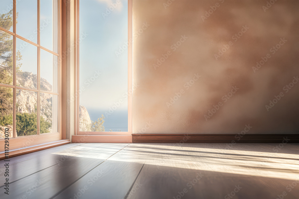 Bright room with large window offering a view of the ocean and distant landscape in the afternoon Bright room with large window offering a view of the ocean and distant landscape in the afternoon