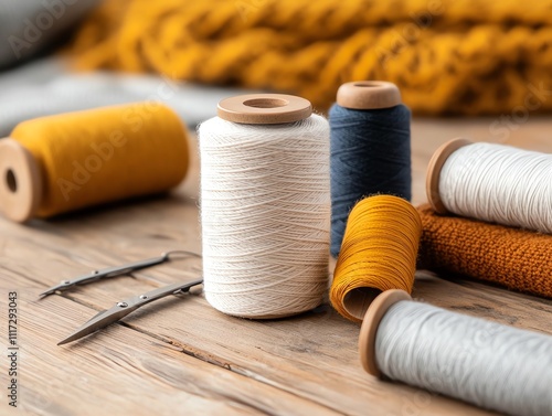 A basic sewing kit with spools of thread, needles, and scissors, laid out on a fabriccovered table in a cozy living room photo