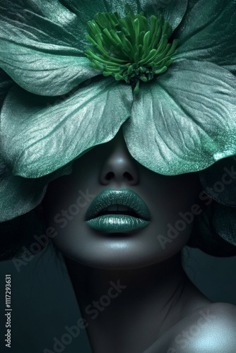 A woman adorned with a green flower headpiece poses elegantly against a dark backdrop, showcasing striking features and vibrant colors. Generative AI