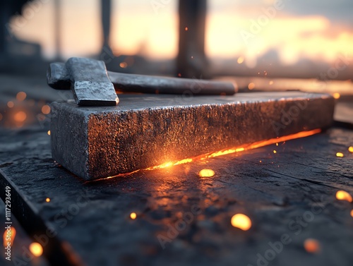 A detailed 3D render of a rusty anvil and hammer placed on a forge floor, with glowing embers scattered nearby photo