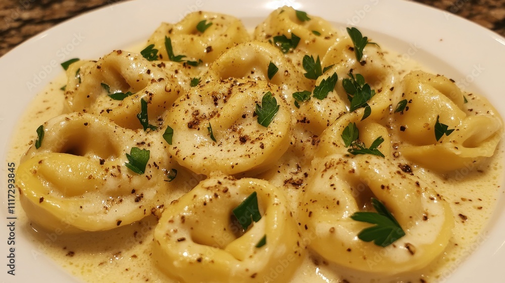 A plate of tortellini in creamy Alfredo sauce, garnished with cracked pepper and fresh parsley, served on a fine white plate A plate of tortellini in creamy Alfredo sauce, garnished with cracked pepper and fresh parsley, served on a fine white plate
