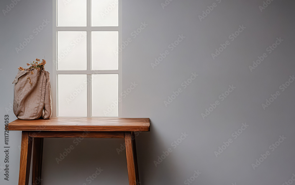 Elegant wooden table with a bag on it near a window with soft natural light Elegant wooden table with a bag on it near a window with soft natural light