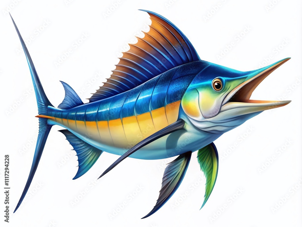 Fototapeta premium Aerial View Cartoon Marlin Fish - White Background