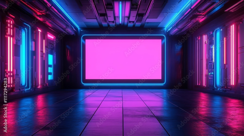 Futuristic Holographic Digital Screen in Neon Room A blank digital screen in a futuristic holographic setup surrounded by glowing blue and purple elements. Futuristic Holographic Digital Screen in Neon Room A blank digital screen in a futuristic holographic setup surrounded by glowing blue and purple elements.