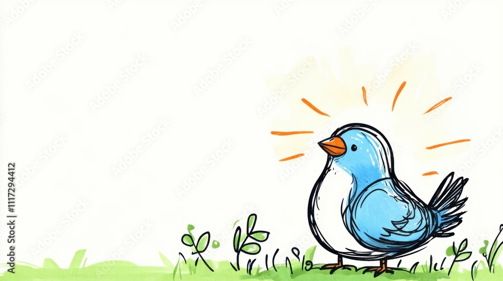 Fototapeta premium Charming Cartoon Bird with Blue Feathers and Bright Orange Beak Standing on Green Grass with Sunlight