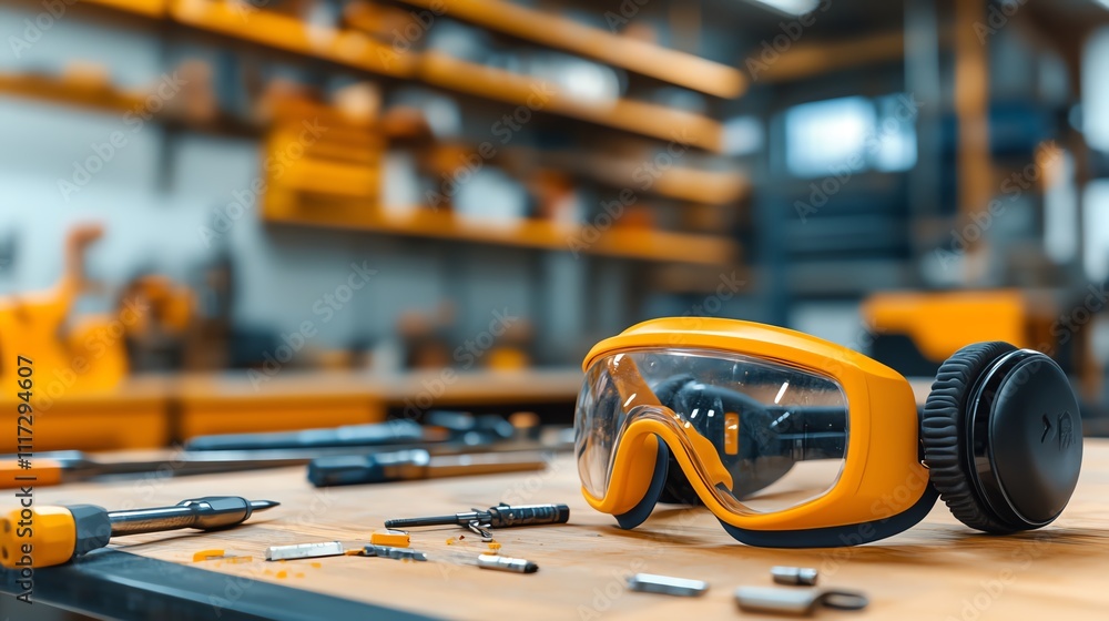 A pair of safety goggles and ear defenders lying on a wellused workshop table, with a blurred background of shelves stacked with tools A pair of safety goggles and ear defenders lying on a wellused workshop table, with a blurred background of shelves stacked with tools