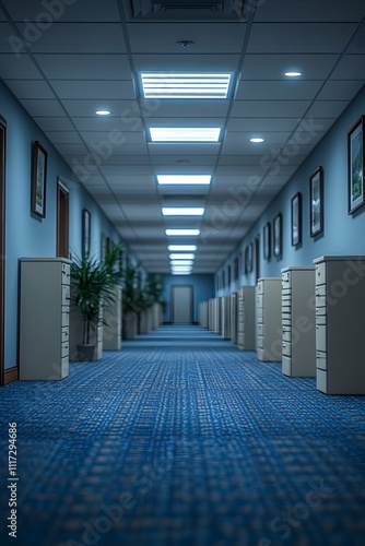 Long office corridor with blue carpet, file cabinets, and plants.