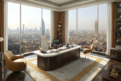 Luxurious corner office with panoramic city view, featuring a large desk, comfortable chairs, and built-in bookshelves.