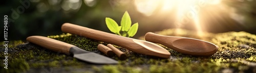 A set of bioengineered tools with organic, vinelike handles, displayed on a mossy surface under natural sunlight photo