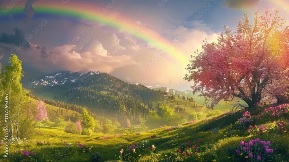 Obraz premium A serene landscape featuring a rainbow, mountains, and blooming flowers.