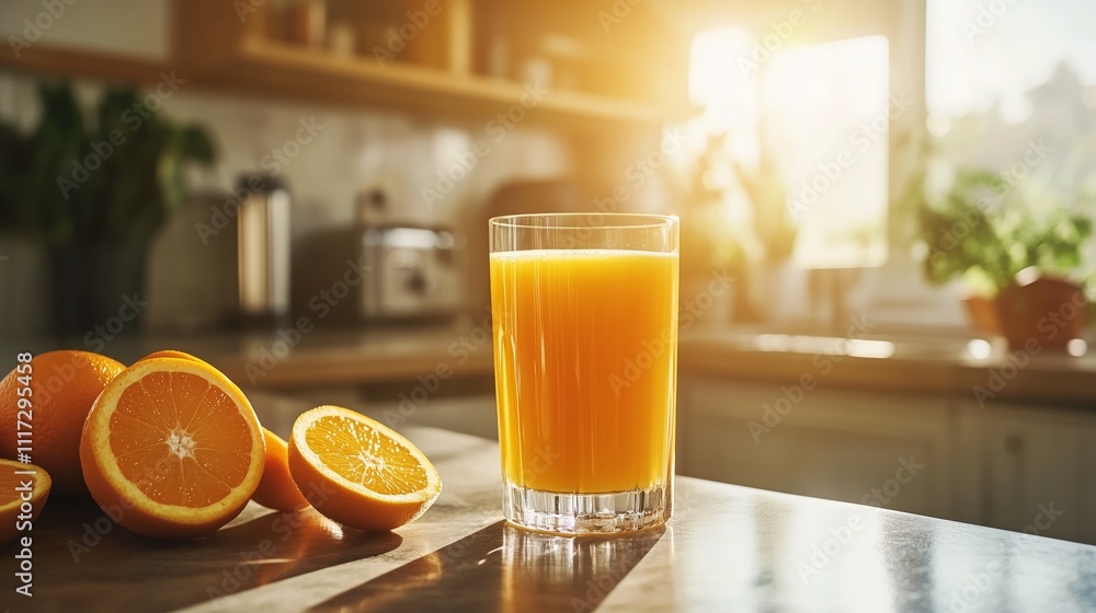 Freshly Squeezed Orange Juice in a Glass with morning light and orange slices at kitchen Freshly Squeezed Orange Juice in a Glass with morning light and orange slices at kitchen