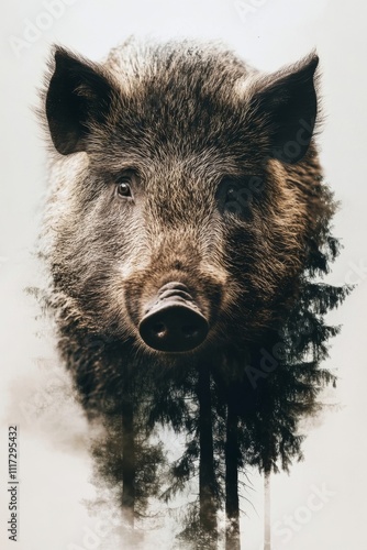 Wallpaper Mural A striking double exposure animation blending a wild boar with misty forest trees at dawn, highlighting nature's beauty and wildlife. Generative AI Torontodigital.ca