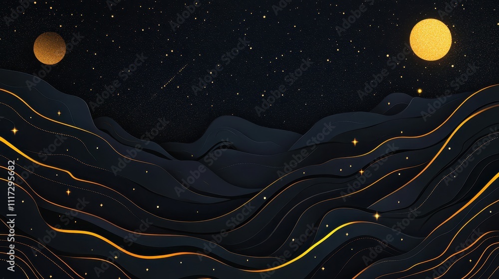 Dark, wavy landscape under starry night; two golden moons shine brightly. Perfect for backgrounds, websites, or projects needing a celestial, elegant feel. Dark, wavy landscape under starry night; two golden moons shine brightly. Perfect for backgrounds, websites, or projects needing a celestial, elegant feel.