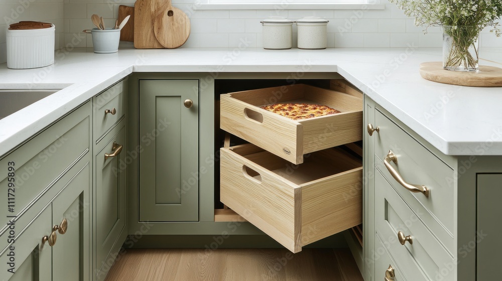 Corner kitchen cabinets with pull-out drawers, showcasing baked goods. Corner kitchen cabinets with pull-out drawers, showcasing baked goods.