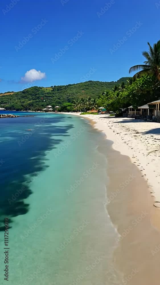 Serene tropical beach with clear blue waters and lush green surroundings on a sunny day Serene tropical beach with clear blue waters and lush green surroundings on a sunny day