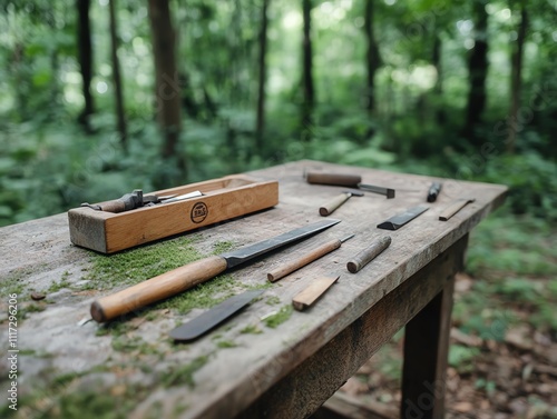 Natural A carpenter s tools including chisels and hand planes, displayed on a mosscovered workbench in the middle of a serene forest clearing photo