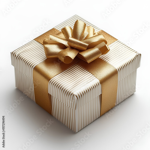 A 3D Gift box wrapped in Striped Gold and White glossy wrapping paper, The background is plain white