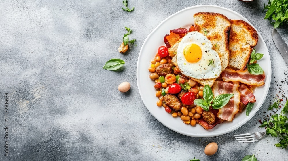Full English breakfast with eggs, bacon, sausage, beans, and toast on a white plate Full English breakfast with eggs, bacon, sausage, beans, and toast on a white plate