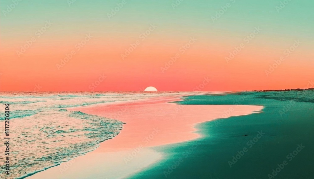 Obraz premium Serene beach at sunset with gentle waves and pastel sky colors.