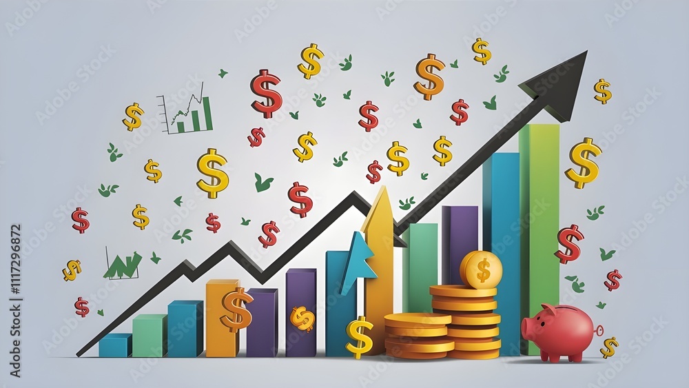 Naklejka premium Dynamic business growth chart with upward trend gold coins and dollar signs symbolizing financial success and economic prosperity