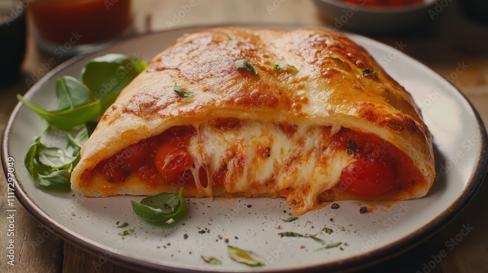 A plate of calzone with golden-brown crust, sliced open to reveal melted cheese and tomato filling, served with marinara A plate of calzone with golden-brown crust, sliced open to reveal melted cheese and tomato filling, served with marinara
